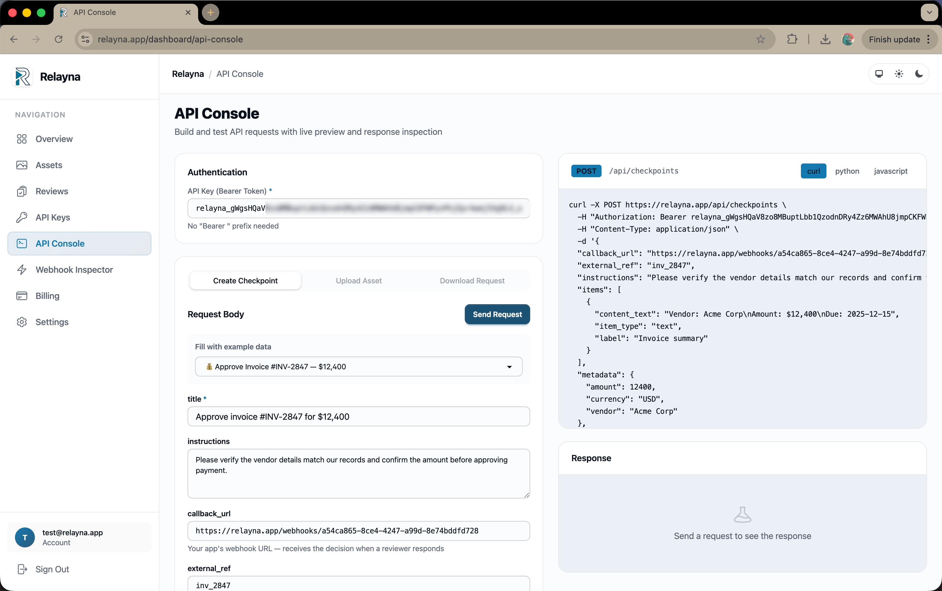 API Console — build and send live requests with mock data